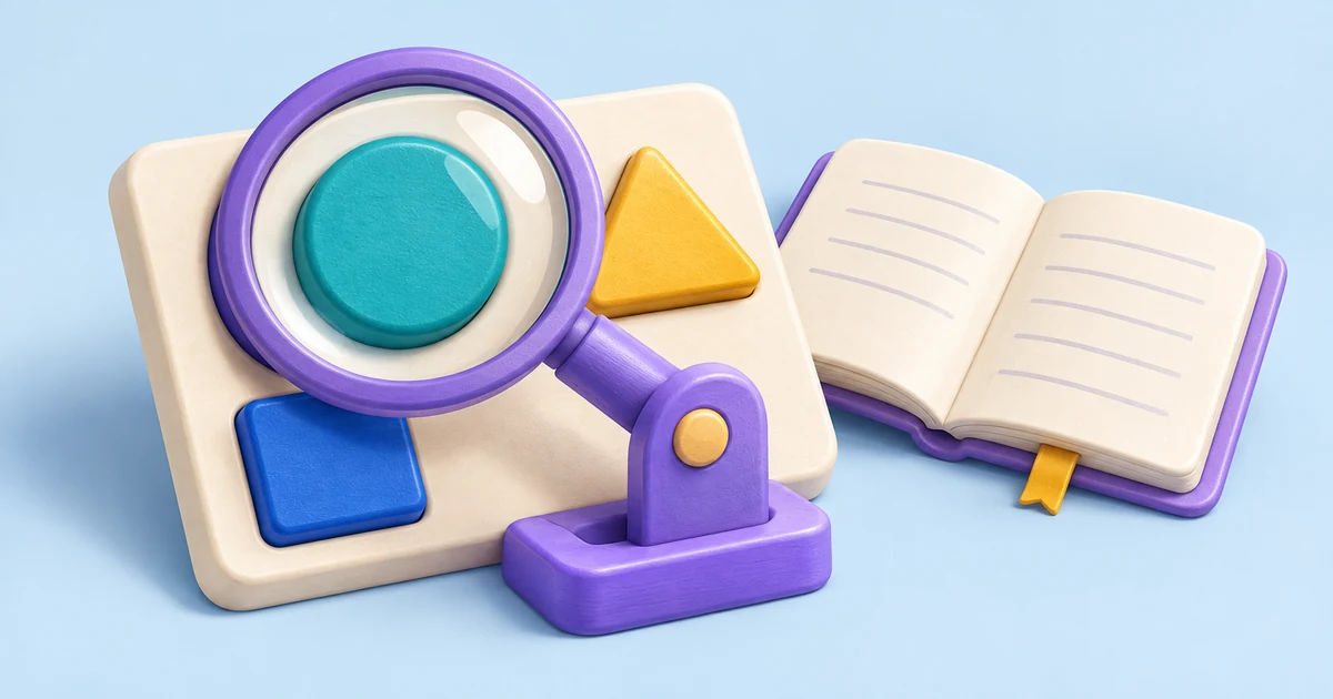 A magnifying glass examining colourful puzzle pieces beside an open notebook.