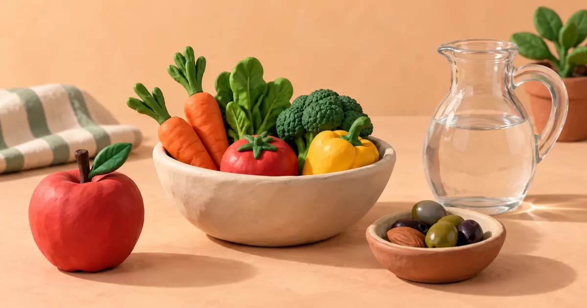 A clay apple, a bowl of vegetables, a dish of nuts and a glass jug of water sit on a light surface.