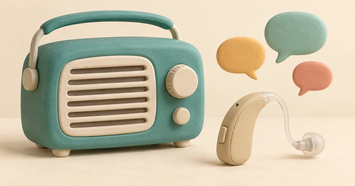 A clay radio, a behind-the-ear hearing aid and three speech bubbles on a cream surface.