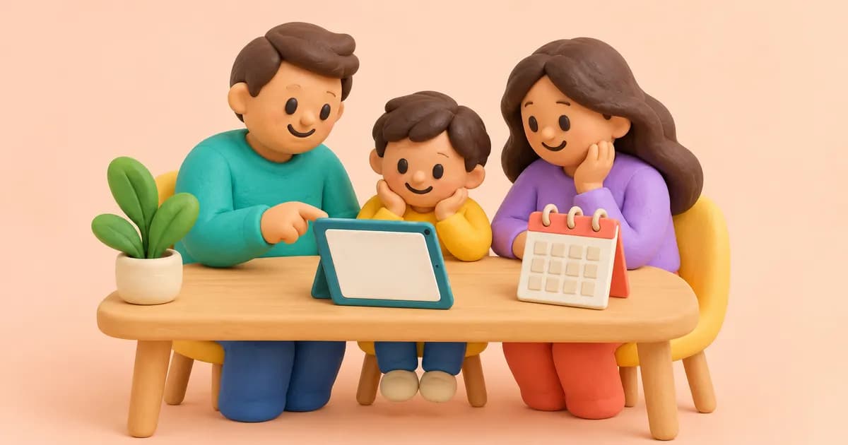 Clay family figures sit at a table with a tablet and a small calendar on a light peach surface.
