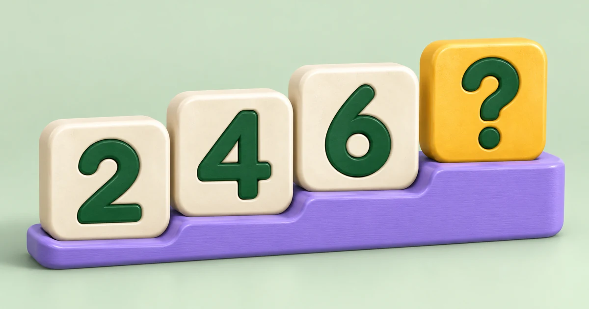 Number tiles showing 2, 4, 6 and a question mark arranged along a stepped path.