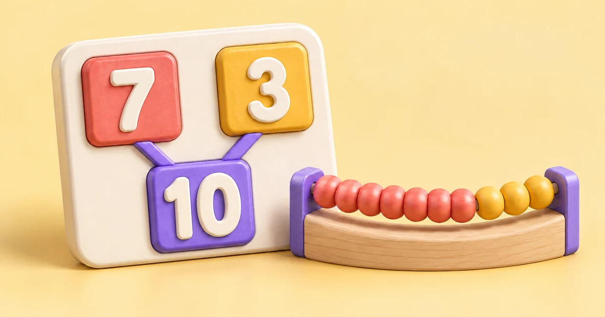 Counting beads and number tiles showing how 7 and 3 make 10.