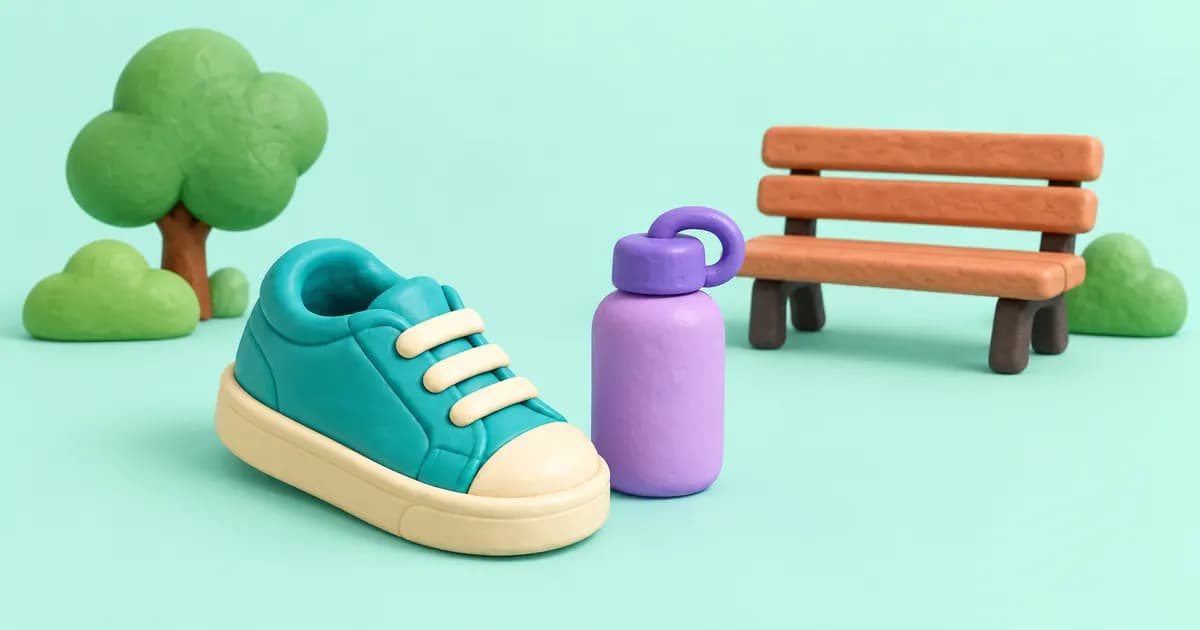 A clay sneaker and a small water bottle sit beside a park bench on a light mint surface.