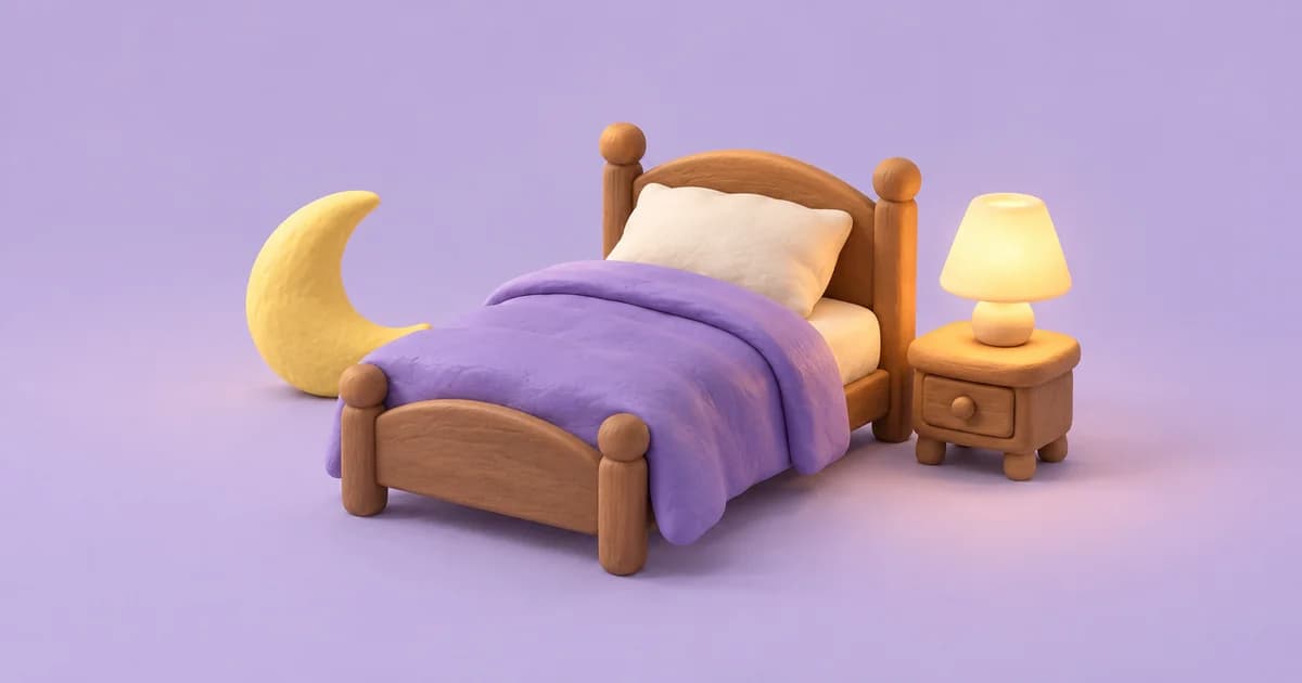 A small clay bed with a purple blanket, a glowing bedside lamp and a yellow crescent moon on a lilac surface.