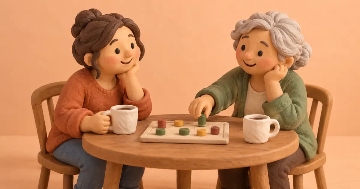 Two clay friends sit at a small table with cups and a shared board.