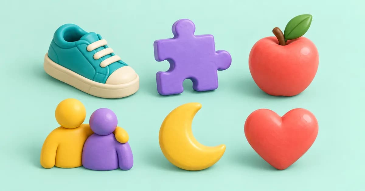 Clay objects on a light mint surface: a sneaker, a puzzle piece, an apple, two figures, a crescent moon and a heart.