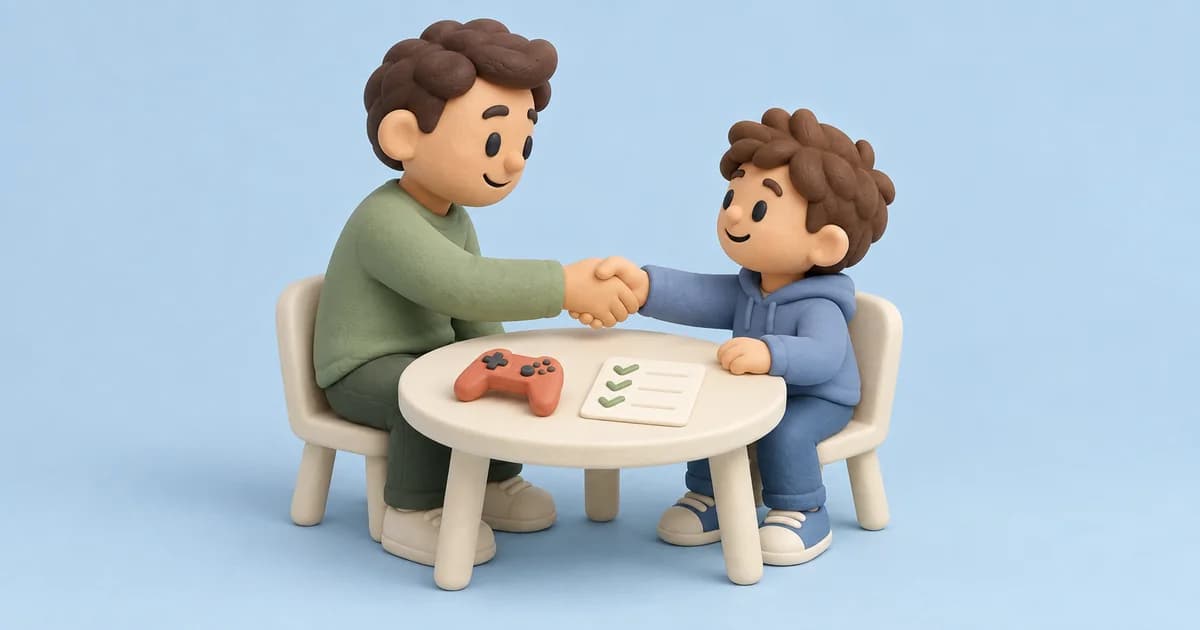 A clay parent and child shake hands across a small table with a game controller and a ticked checklist.