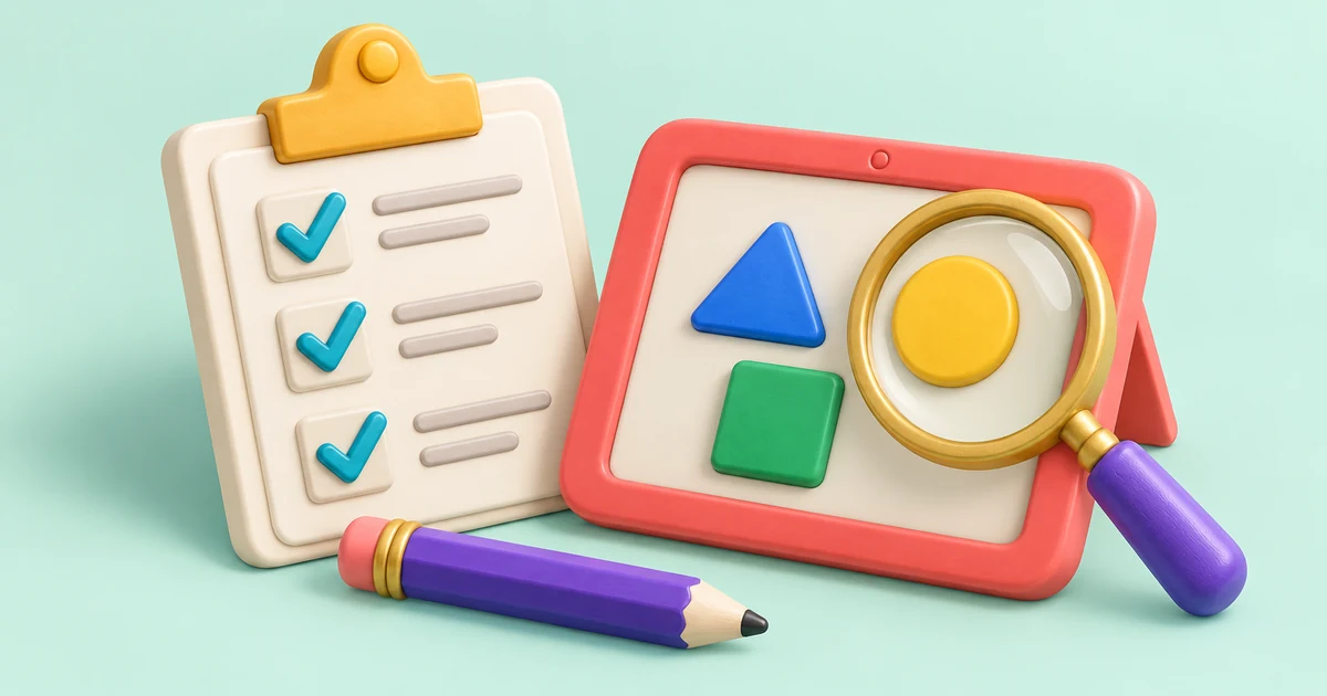 A checklist and magnifying glass beside a tablet showing a simple shape puzzle.