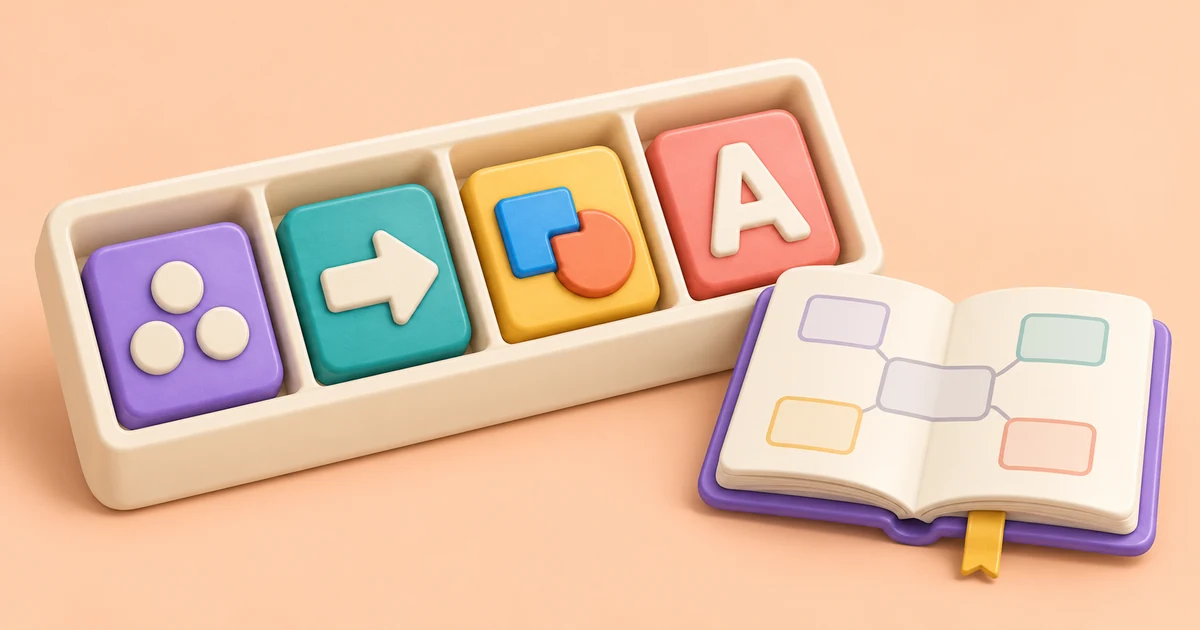 Four different thinking-task tiles arranged in separate compartments beside an open notebook.