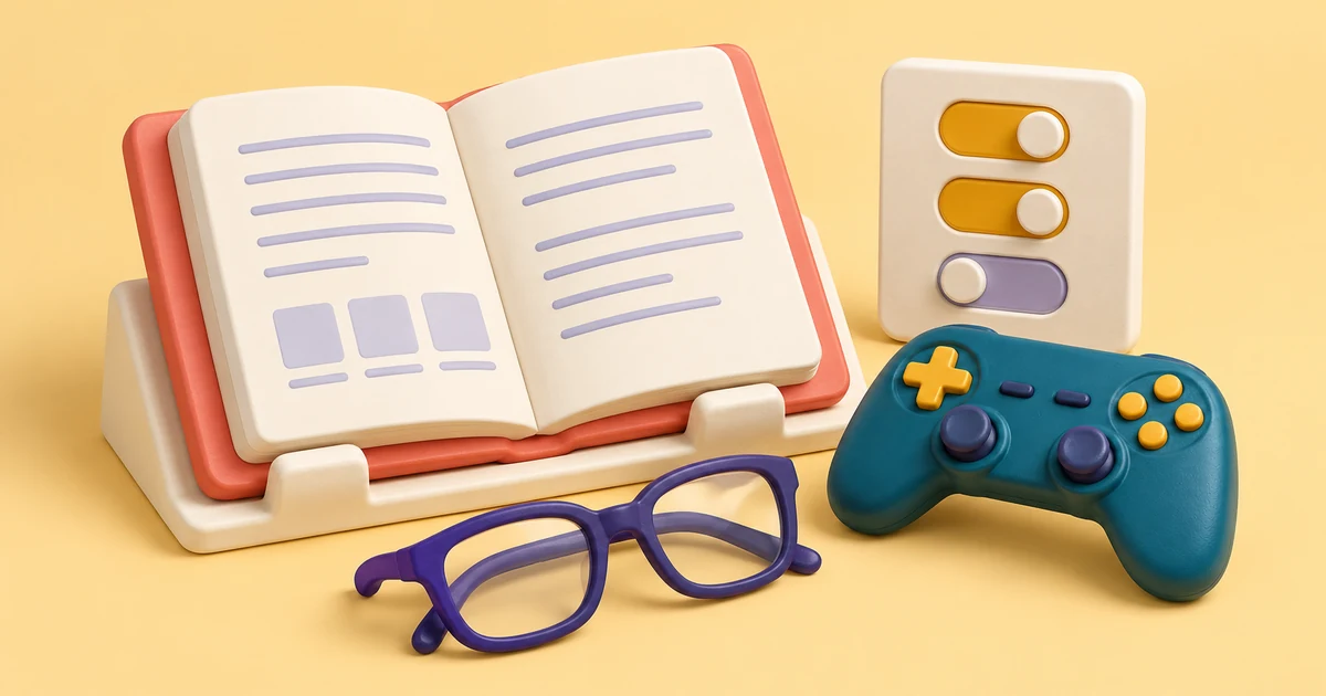 A report booklet and reading glasses beside a game controller and a small settings panel.